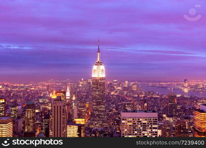 Aerial view of Manhattan at night, New York City, New York, USA
