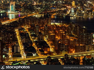 Aerial view of Manhattan bridge with Lower Manhattan in New York City, New York State NY , USA