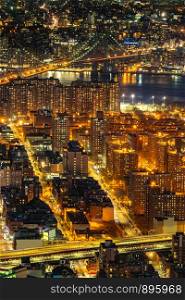 Aerial view of Manhattan bridge with Lower Manhattan in New York City, New York State NY , USA