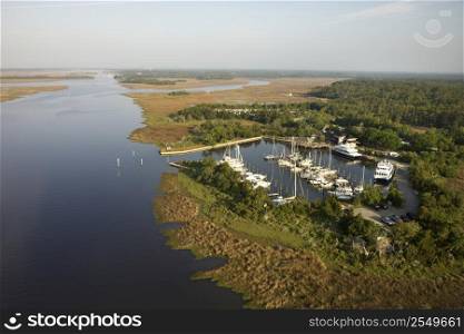 Aerial view of marina in wetlands of Bald Head Island, North Carolina.