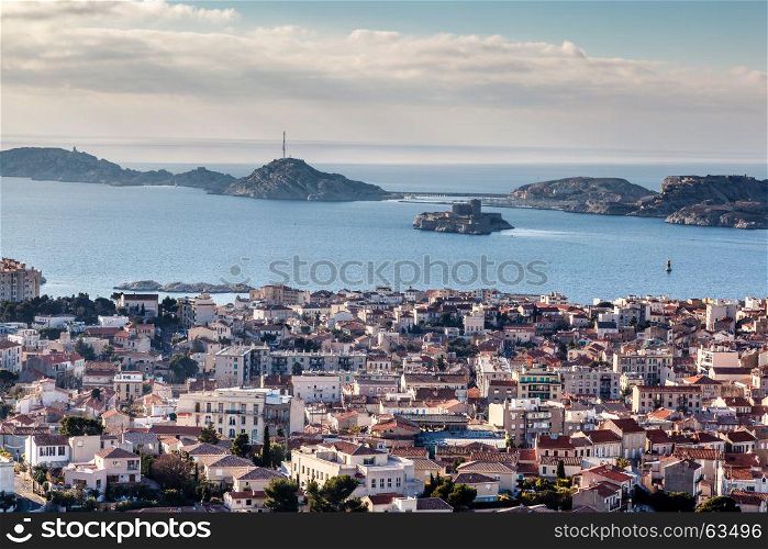 Aerial View of Marseille City and Islands in Background, France