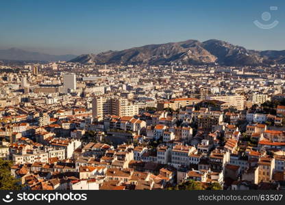 Aerial View of Marseille City and Mountains in Background, France