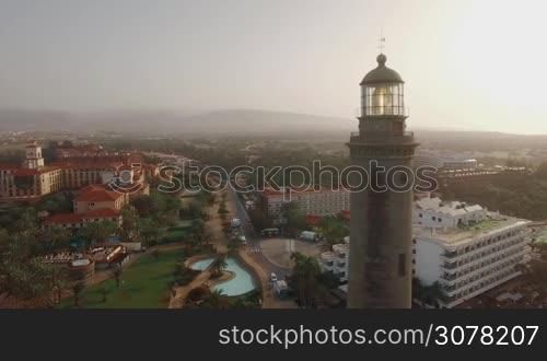 Aerial view of Maspalomas Lighthouse on the background of resort area and ocean., Gran Canaria