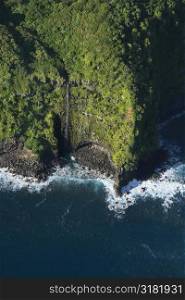 Aerial view of Maui, Hawaii coast with waterfall.
