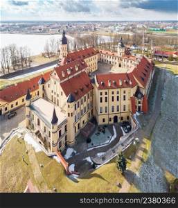 Aerial view of medieval castle in Nesvizh, Minsk Region, Belarus