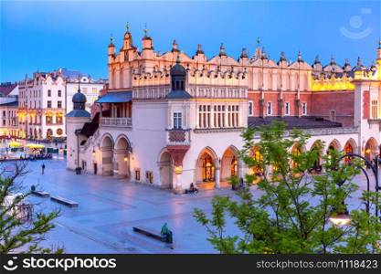 Aerial view of Medieval Main market square with Cloth Hall in Old Town of Krakow at night, Poland. Main market square, Krakow, Poland