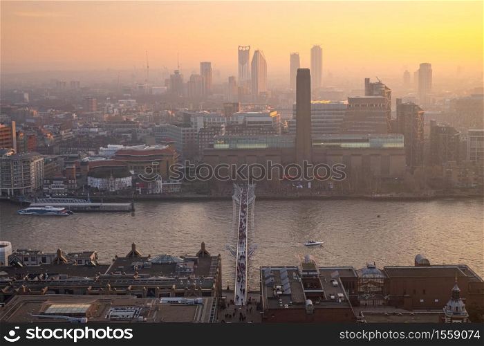 Aerial view of Millennium Bridge in London at the sunset, United Kingdom