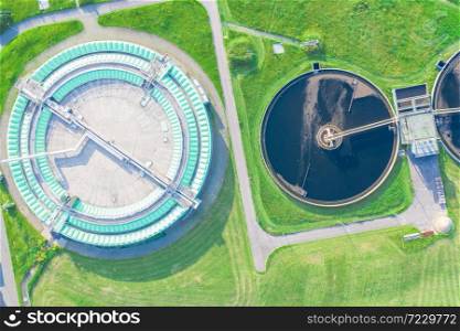 Aerial view of modern industrial sewage treatment plant