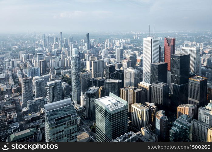 Aerial view of modern skyscrapers and office buildings in Toronto&rsquo;s financial district, Ontario, Canada.