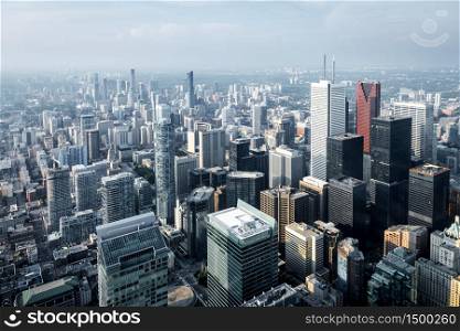 Aerial view of modern skyscrapers and office buildings in Toronto&rsquo;s financial district, Ontario, Canada.