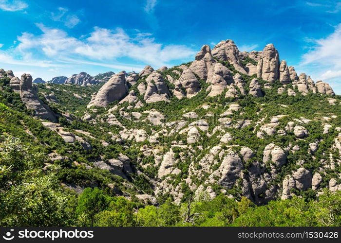 Aerial view of Montserrat mountains in a beautiful summer day, Catalonia, Spain