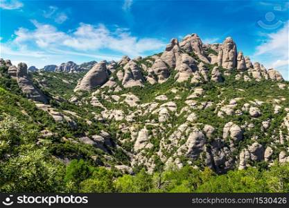 Aerial view of Montserrat mountains in a beautiful summer day, Catalonia, Spain