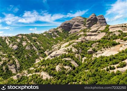 Aerial view of Montserrat mountains in a beautiful summer day, Catalonia, Spain
