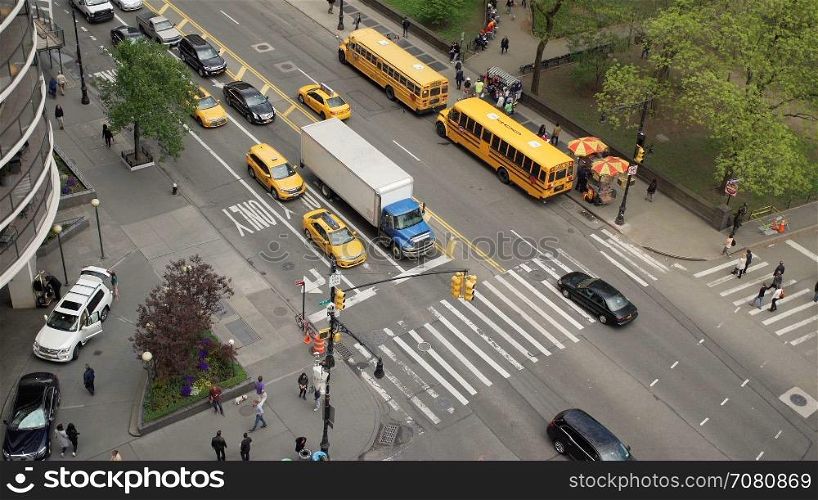 Aerial view of morning traffic at an intersection