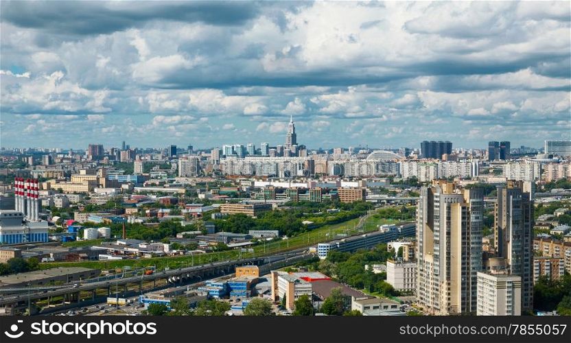 Aerial view of Moscow city with dramatic sky