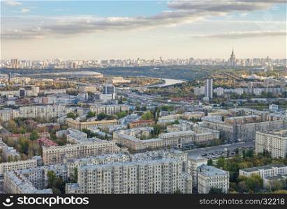 Aerial view of Moscow city with the Lomonosov State University of Moscow and the Luzhniki Stadium, Kutuzovsky Avenue on foreground
