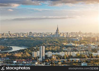 Aerial view of Moscow city with the Lomonosov State University of Moscow and the Moskva river