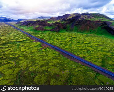 Aerial view of mossy lava field in Iceland, Europe.