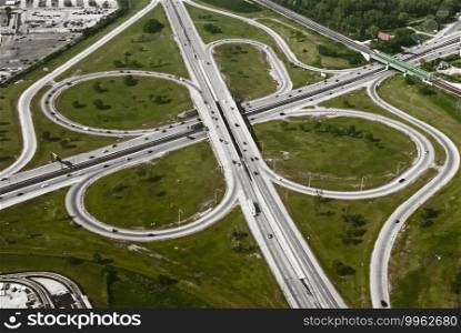 Aerial view of motorway freeway roads junction