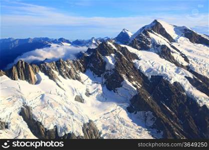 aerial view of Mountain Cook Peak with mist from Helicopter, New Zealand