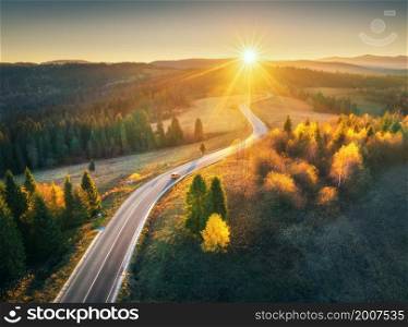 Aerial view of mountain road in forest at sunset in autumn. Top view from drone of road in woods. Beautiful landscape with roadway in hills, pine trees, green meadows, golden sunlight in fall. Travel