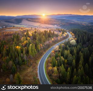 Aerial view of mountain road in forest at sunset in autumn. Top view from drone of road in woods. Beautiful landscape with roadway in hills, pine trees, green meadows, golden sunlight in fall. Travel