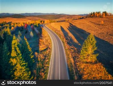 Aerial view of mountain road in forest at sunset in autumn. Top view from drone of road in woods. Beautiful landscape with roadway in hills, pine trees, meadows, golden sunlight in fall. Travel