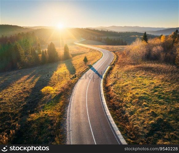Aerial view of mountain road in forest at sunset in autumn in Ukraine. Top drone view of road in woods. Beautiful landscape with roadway in hills, pine trees, meadows, golden sunlight in fall. Travel