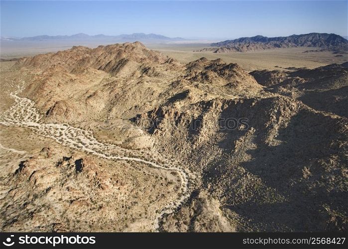 Aerial view of mountains in desert.