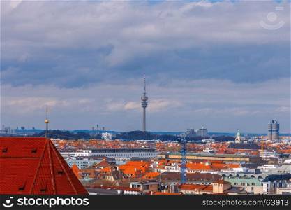 Aerial view of Munich.. Aerial view of Munich from the observation deck of St. Peter's Cathedral. Germany. Bavaria.