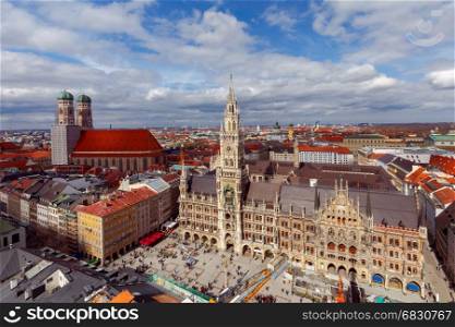 Aerial view of Munich.. Aerial view of the new Town Hall Marienplatz and Frauenkirche in Munich. Germany. Bavaria.