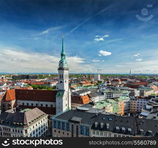 Aerial view of Munich and St. Peter Church - Marienplatz and Altes Rathaus, Bavaria, Germany