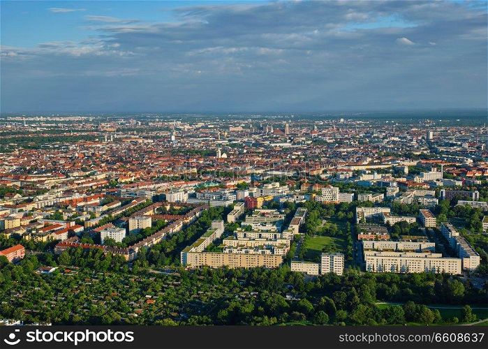 Aerial view of Munich center from Olympiaturm  Olympic Tower . Munich, Bavaria, Germany. Aerial view of Munich. Munich, Bavaria, Germany