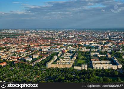 Aerial view of Munich center from Olympiaturm (Olympic Tower). Munich, Bavaria, Germany. Aerial view of Munich. Munich, Bavaria, Germany
