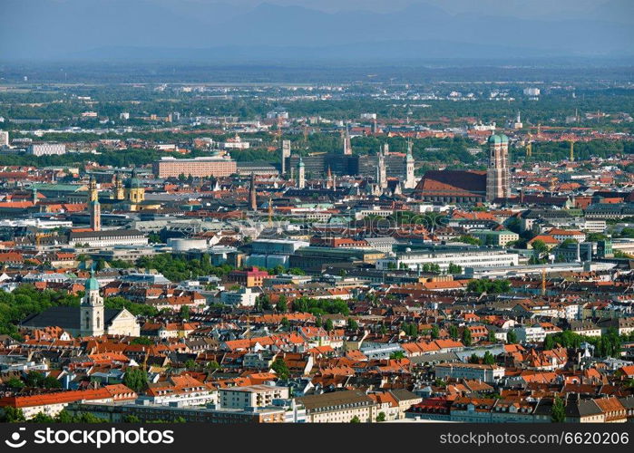 Aerial view of Munich center  from Olympiaturm  Olympic Tower . Munich, Bavaria, Germany. Aerial view of Munich. Munich, Bavaria, Germany