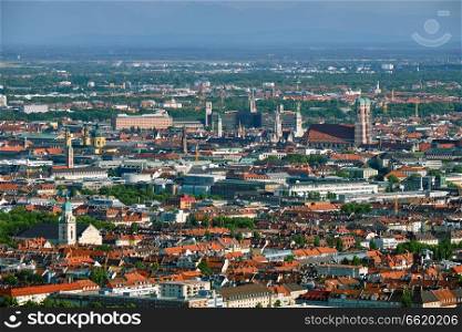 Aerial view of Munich center  from Olympiaturm  Olympic Tower . Munich, Bavaria, Germany. Aerial view of Munich. Munich, Bavaria, Germany