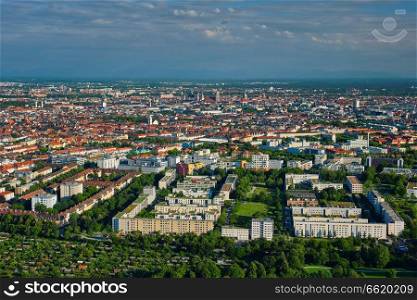 Aerial view of Munich center from Olympiaturm  Olympic Tower . Munich, Bavaria, Germany. Aerial view of Munich. Munich, Bavaria, Germany