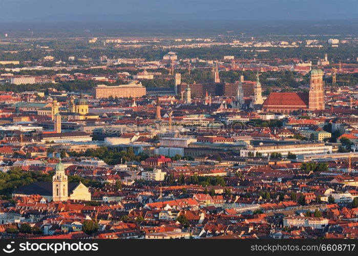 Aerial view of Munich center from Olympiaturm (Olympic Tower) on sunset. Munich, Bavaria, Germany. Aerial view of Munich. Munich, Bavaria, Germany