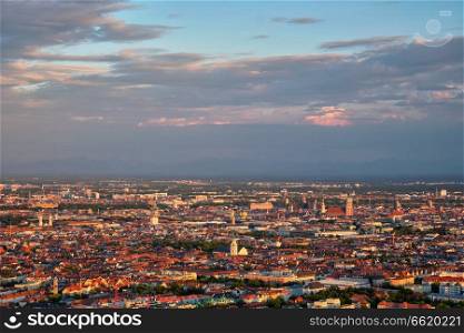 Aerial view of Munich center  from Olympiaturm  Olympic Tower  on sunset. Munich, Bavaria, Germany. Aerial view of Munich. Munich, Bavaria, Germany