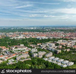 Aerial view of Munich from Olympiaturm (Olympic Tower). Munich, Bavaria, Germany