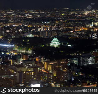 Aerial view of Nagoya Castle with Nagiya downtown skyline