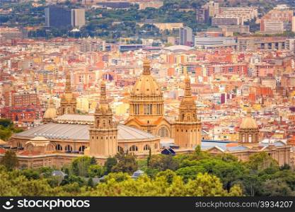 Aerial view of National Art Museum in Barcelona from hill Montjuic, Catalonia, Spain