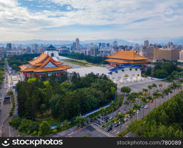 Aerial view of National Chiang Kai shek Memorial Hall in Taipei downtown, Taiwan. Financial district and business centers in smart urban city. Skyscraper and high-rise buildings.