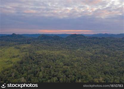 Aerial view of national park green field mountains in Thung Yai Naresuan Wildlife Sanctuary, Umphang District in Tak, Thailand. Wildlife diversity, plants at sunset.