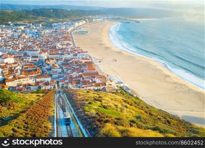 Aerial view of Nazare from Miradouro do Suberco, with funicular. Portugal