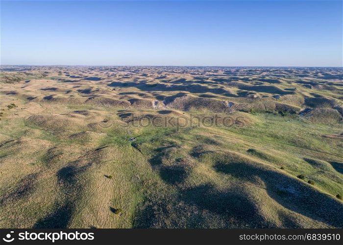 aerial view of Nebraska Sand Hills near Thedford, spring scenery with morning light