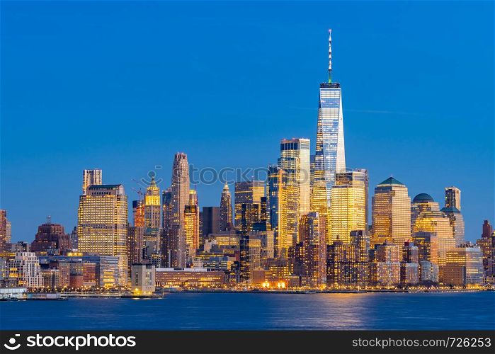 Aerial view of New York city Manhattan skyline cityscape at dusk from New Jersey.