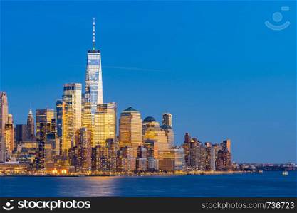 Aerial view of New York city Manhattan skyline cityscape at dusk from New Jersey.