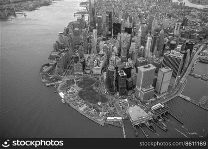 Aerial view of New York City skyline cityscape of Manhattan in USA at sunset in black and white