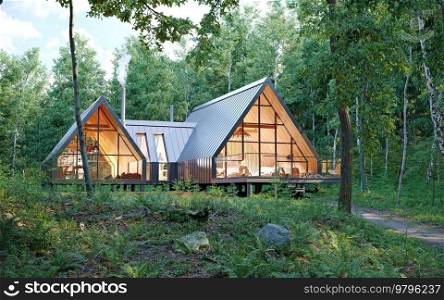 Aerial view of nice, family house exterior in green forest. 3d rendering. family house exterior in forest